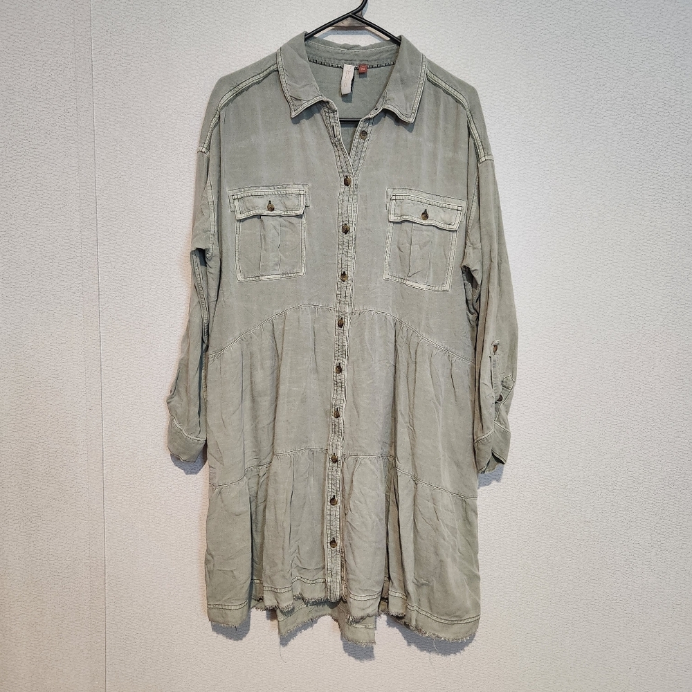 Pilcro Anthropologie Roll Tab Sleeve Linen Blend Tiered Shirt Dress Medium